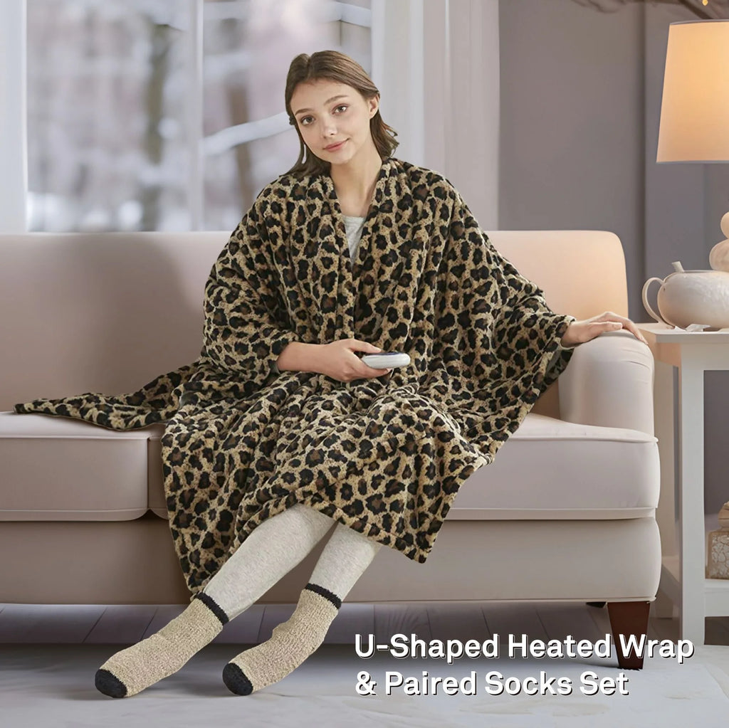 Sherpa Electric Throw Wrap with Sock Set Heated Wearable Blanket Reversible Animal Print 50"x64" X307