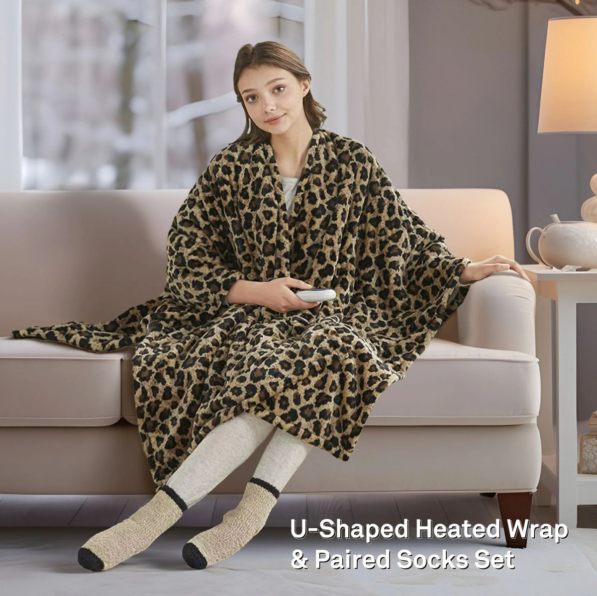 Sherpa Electric Throw Wrap with Sock Set Heated Wearable Blanket Reversible Animal Print 50"x64" X307