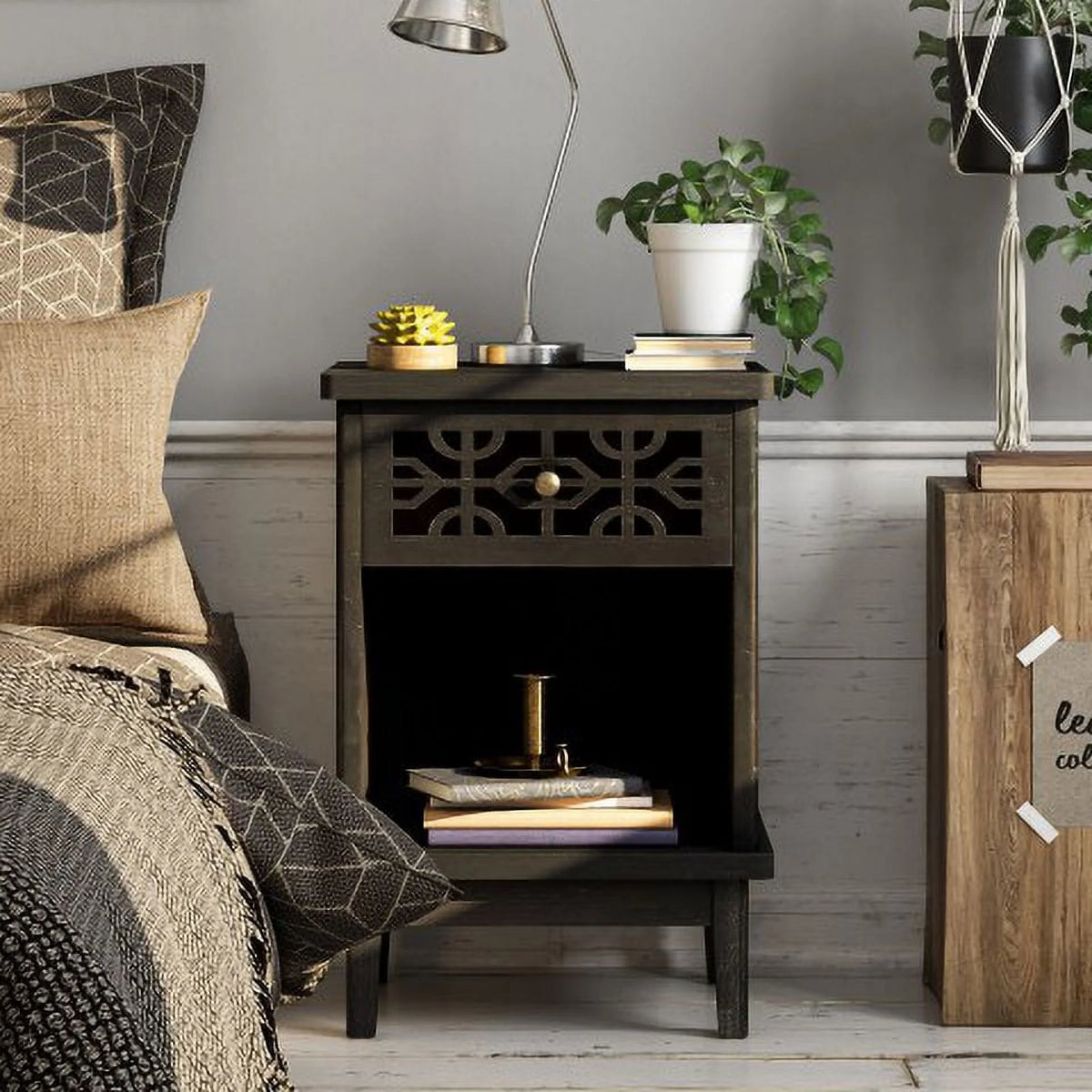 Distressed Black Solid Fir Nightstand O45036