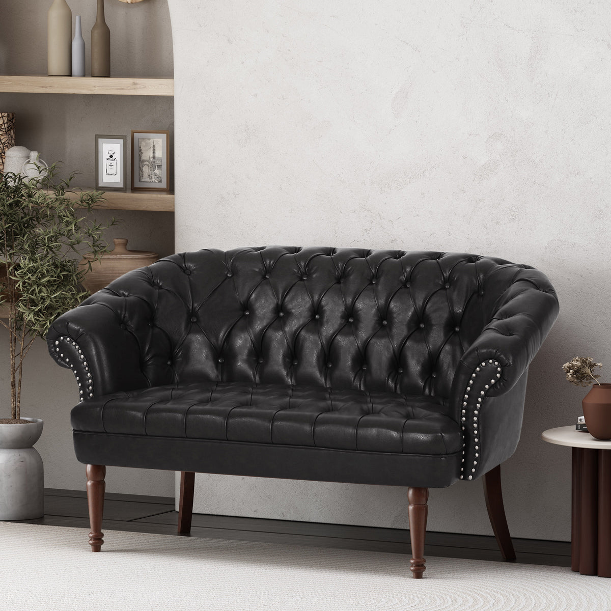 Midnight Black Leather Tufted Loveseat E217