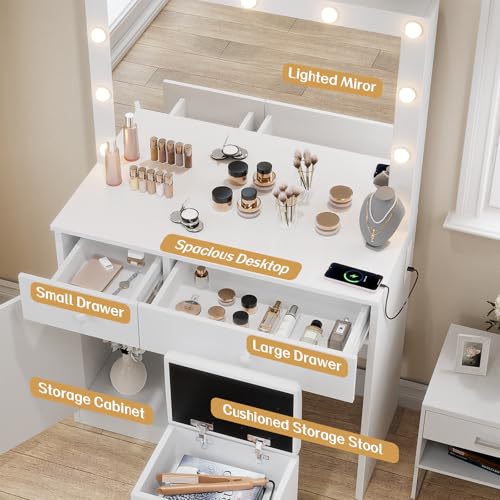 White Vanity Desk with Mirror and Lights A96543