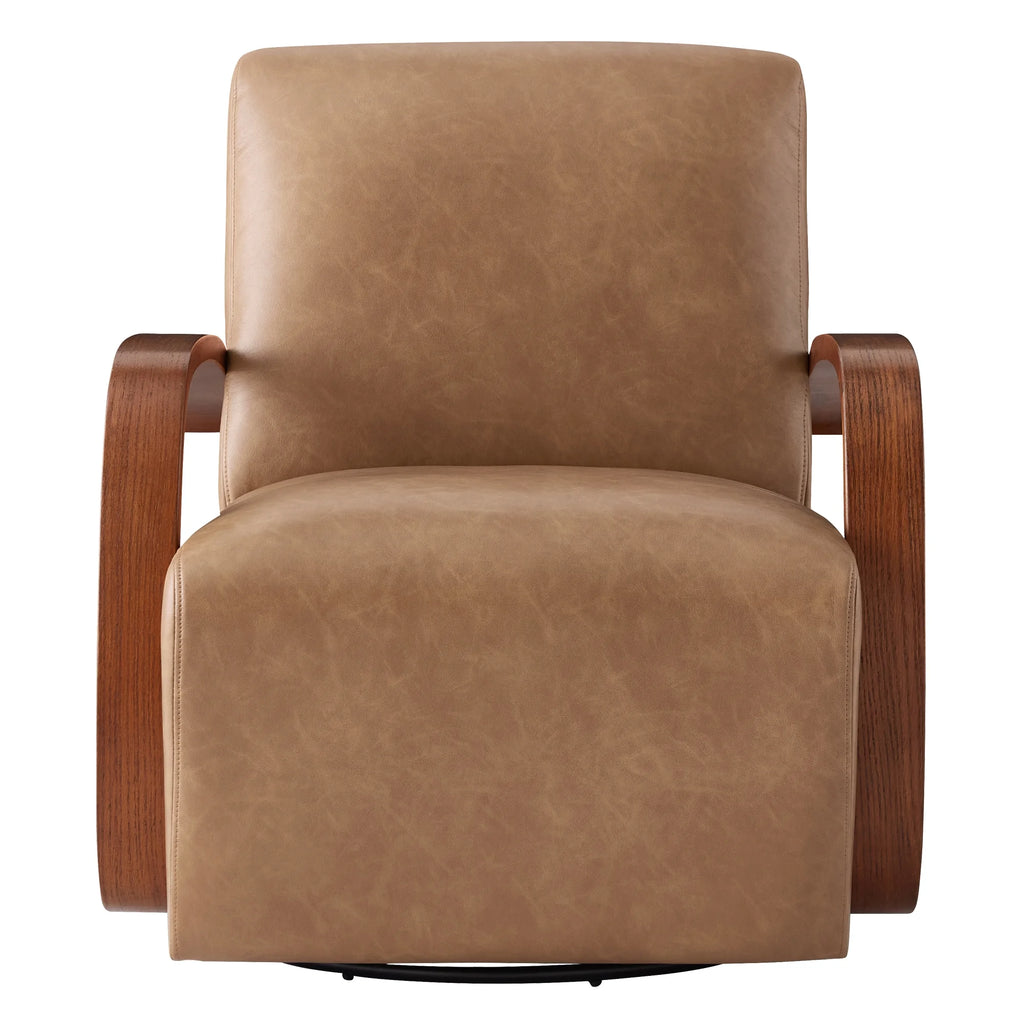 Cognac Brown & Walnut Swivel Accent Chair with U-shaped Wood Arm L198703