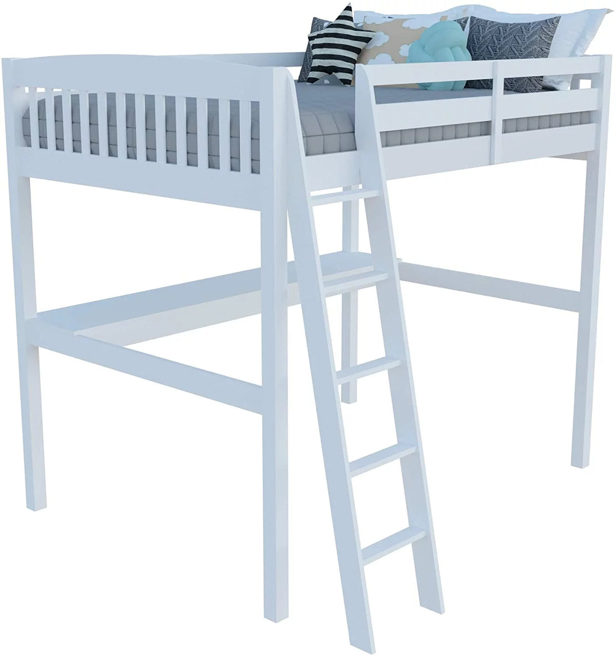 Solid Wood White Twin Size Loft Bed Frame with Desk & Stairs M25442
