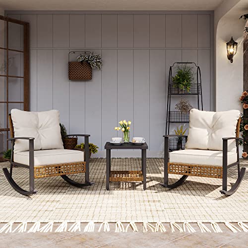 3-Piece Rocking Bistro Set with Thick Cushions and 2-Tier Coffee Table C49992