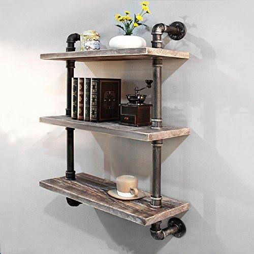Industrial Pipe Bookcase Wall Shelf, Rustic Floating Wood Shelves 24'' K27908