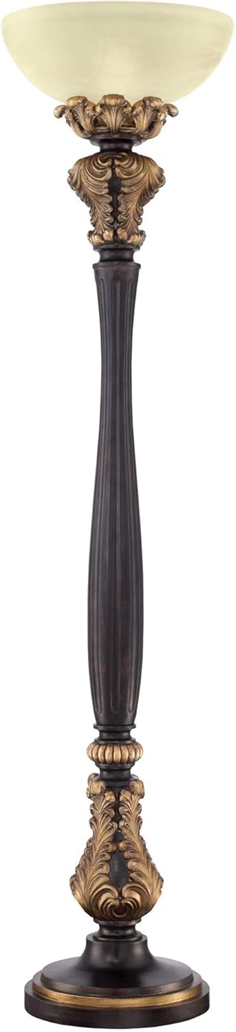 Tall Carved Wood Amber Glass Torchiere Floor Lamp K460