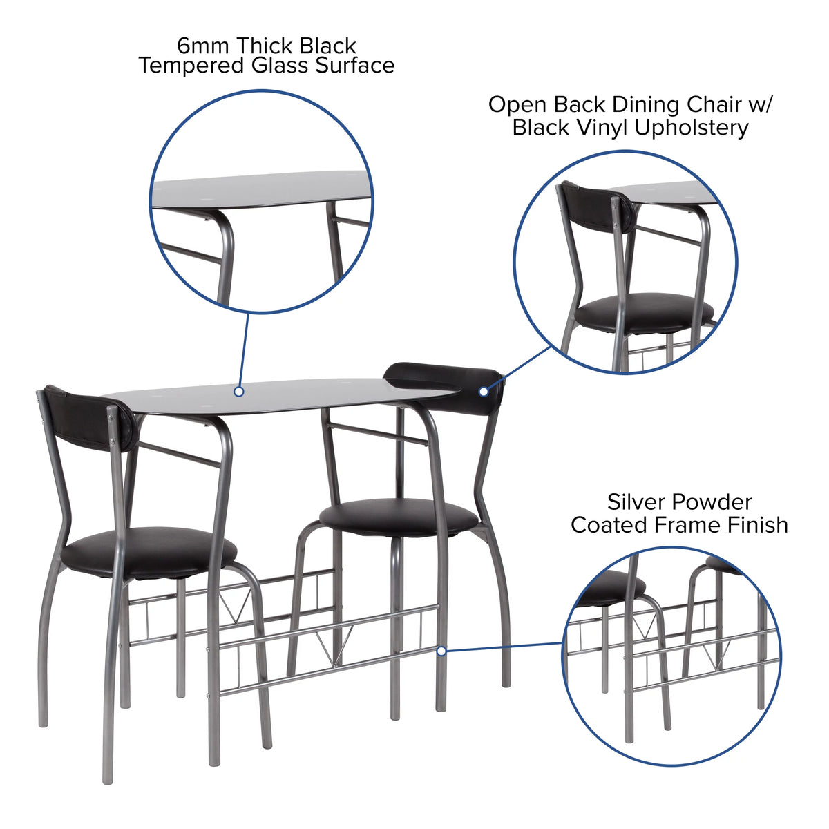 3 Piece Bistro Set with Black Glass Top Table and Black Vinyl Chairs G9430