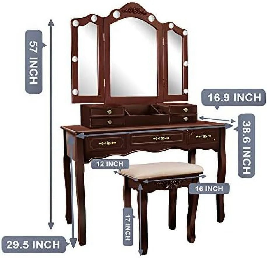 Brown 7 Drawer Vanity Set with Stool and Mirror Q128592