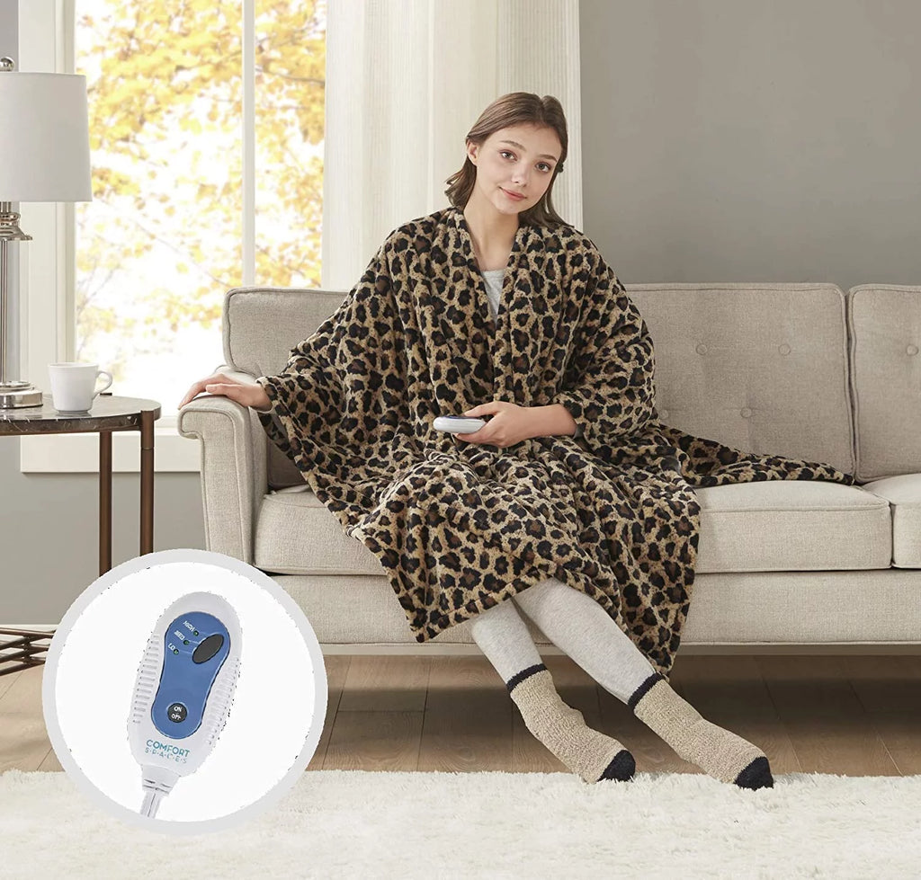 Sherpa Electric Throw Wrap with Sock Set Heated Wearable Blanket Reversible Animal Print 50"x64" X307