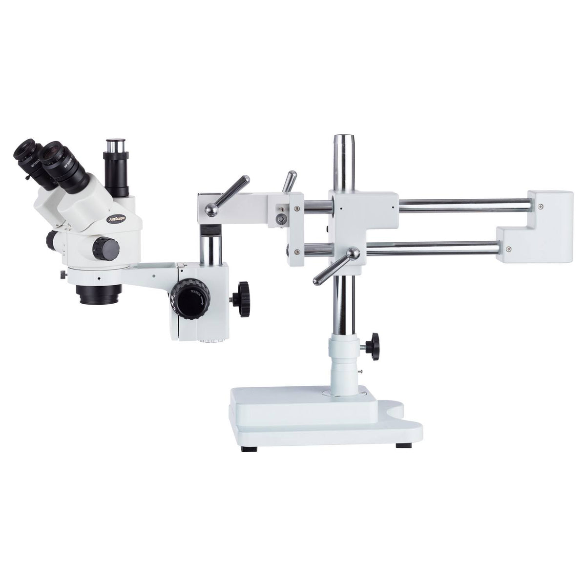 3.5X-90X Simul-Focal Stereo Zoom Microscope on Dual Arm Boom Stand P401