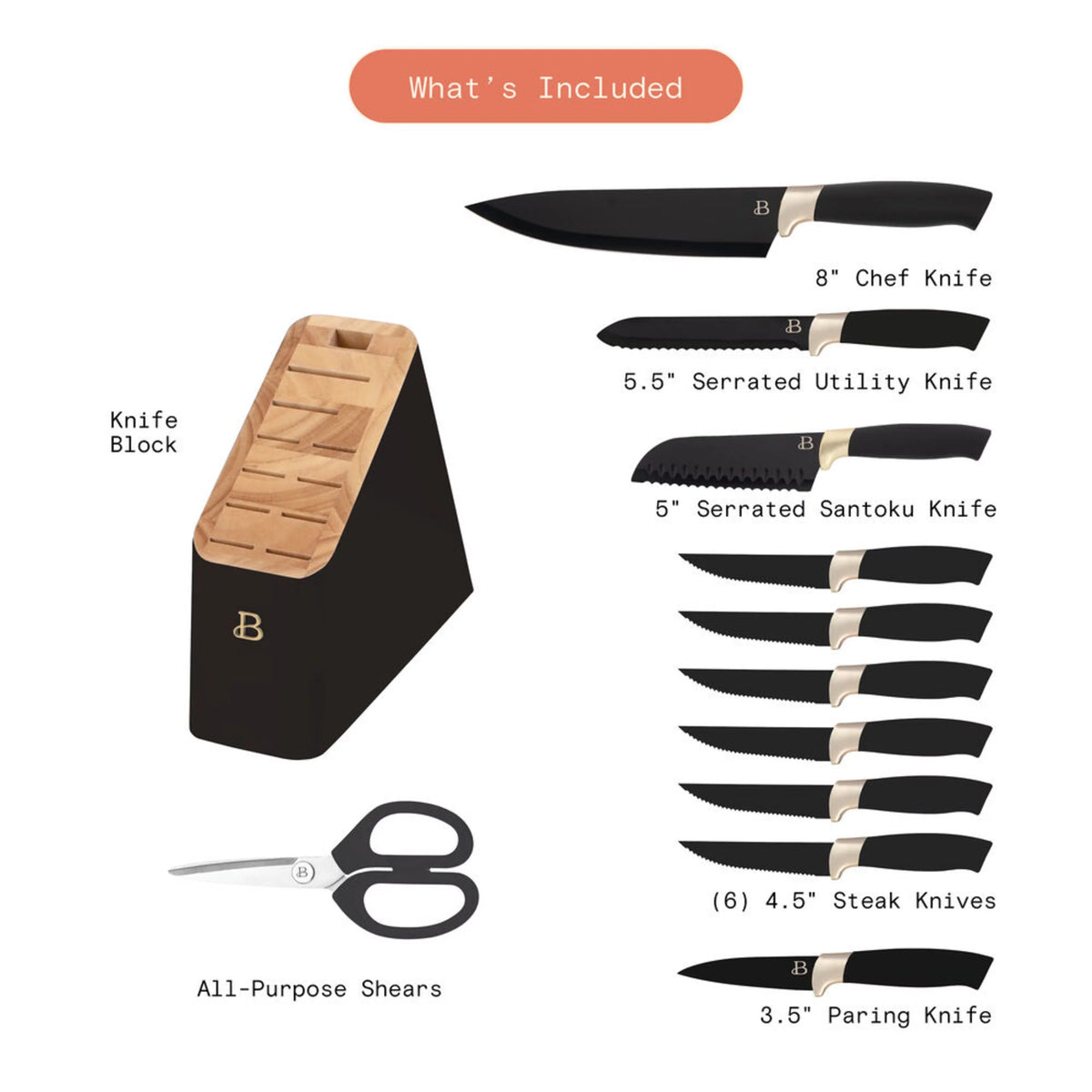 12 Piece Knife Block Set with Soft-Grip Handles White and Gold B1328