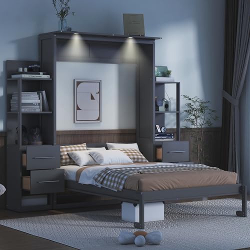 Queen Murphy Bed with LED Lights and Storage Drawers E98653