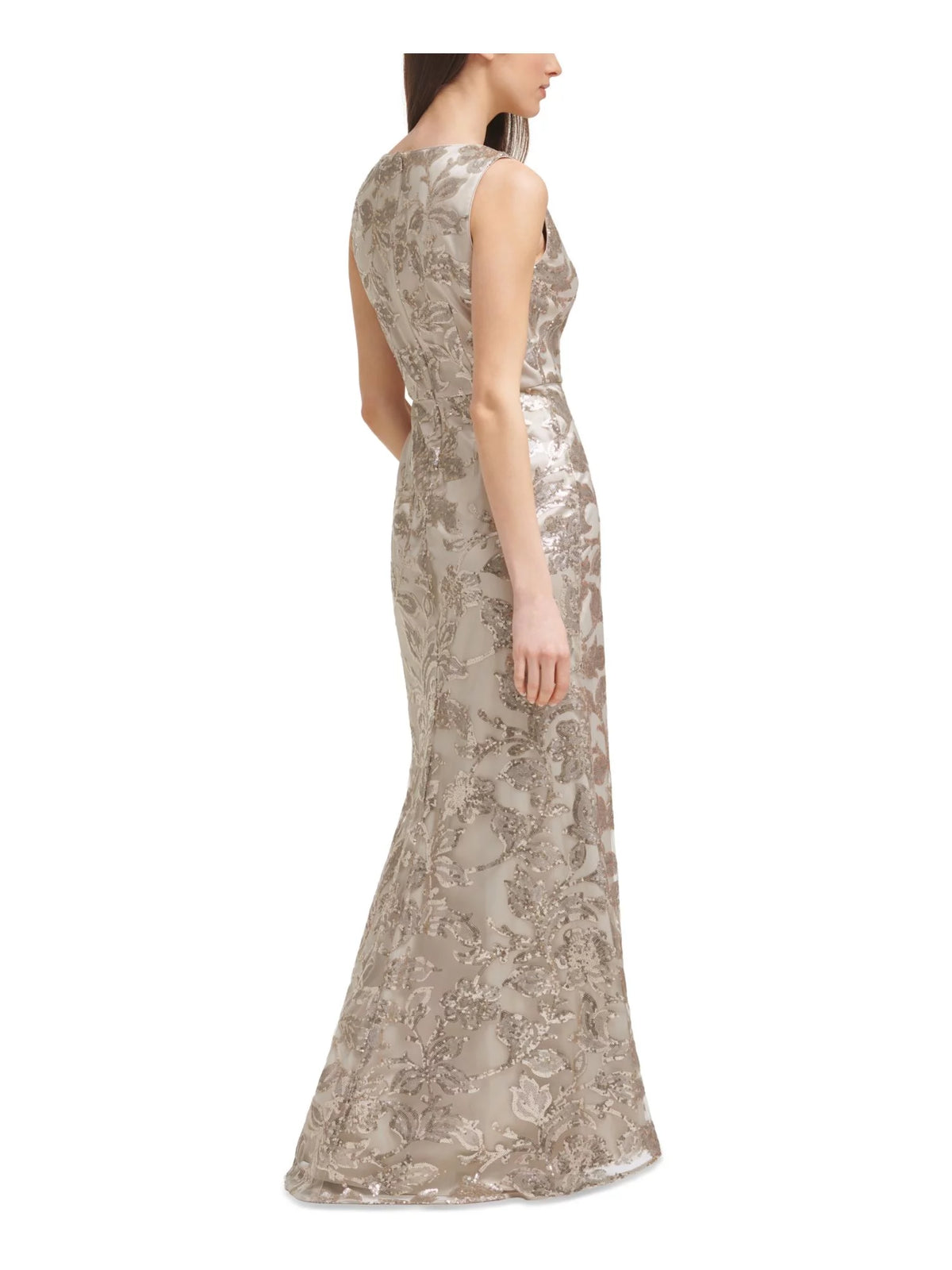 Beige Sequined Sleeveless V Neck Full-Length Sheath Dress J26316