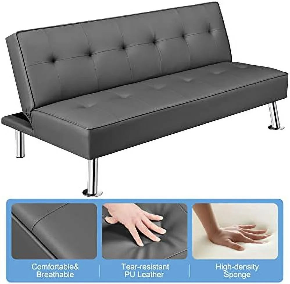 Black Faux Leather Convertible Futon Sleeper Bed T129863