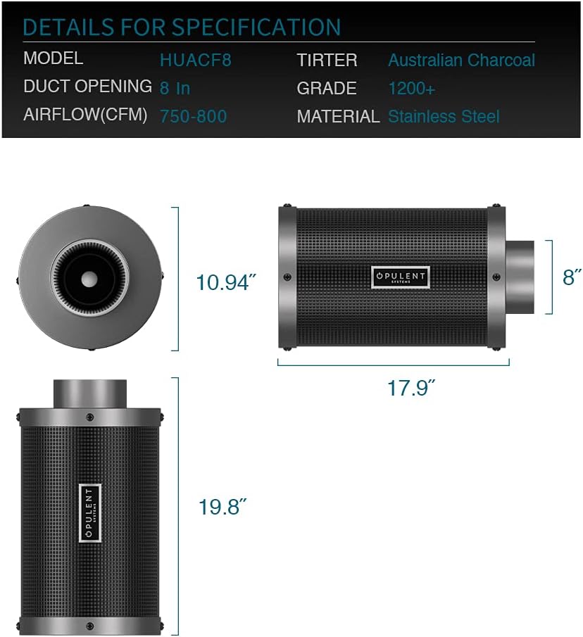 8 Inch Air Carbon Filter with Australian Virgin Charcoal and Pre-Filter T444