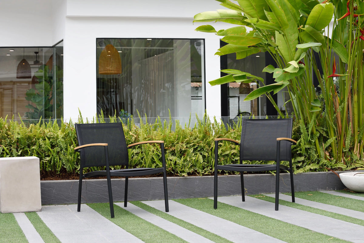 Black Aluminum Teak Finish Stacking Sofa Chairs, Set of 2 Z107