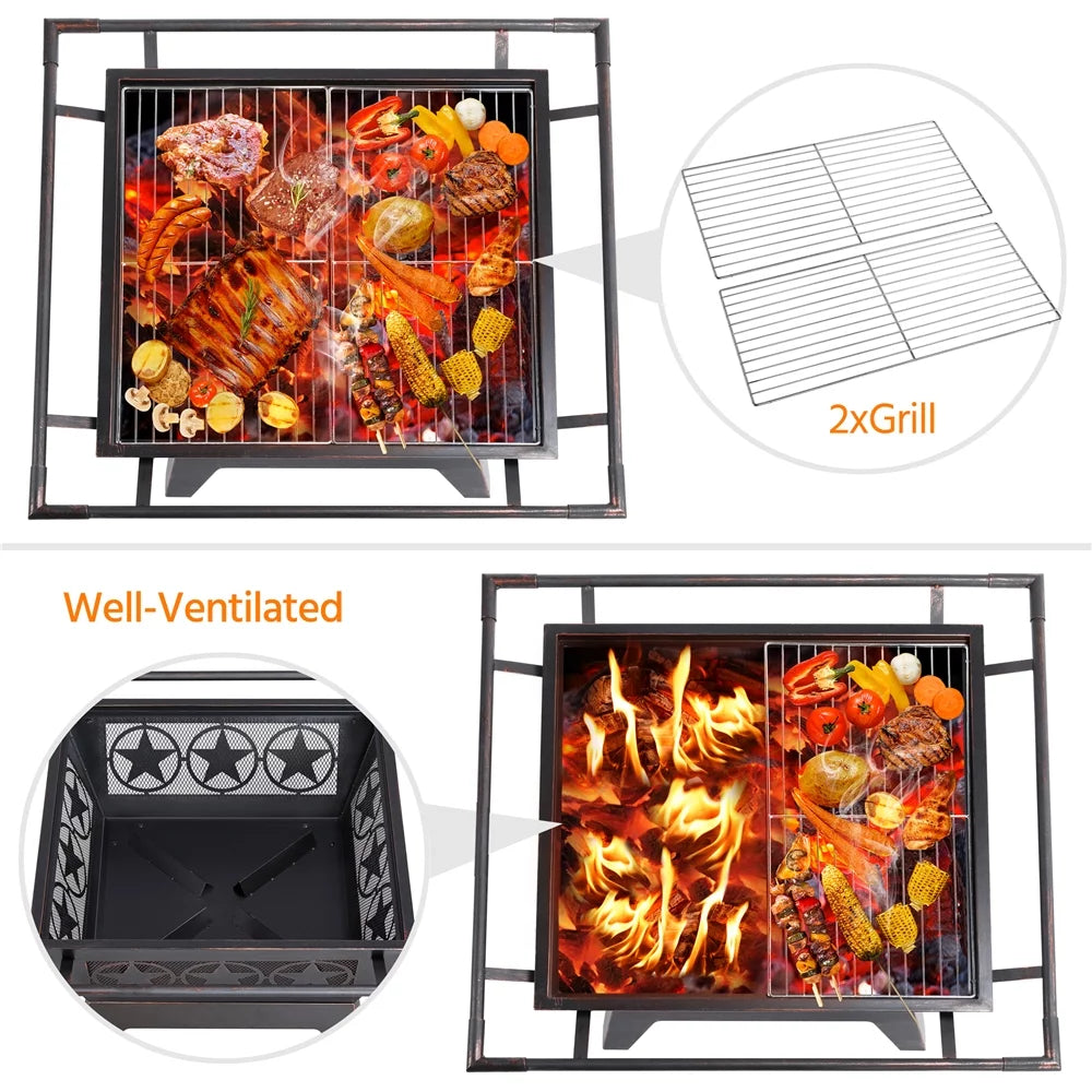 32in Square Steel Fire Pit with Mesh Cover R311897
