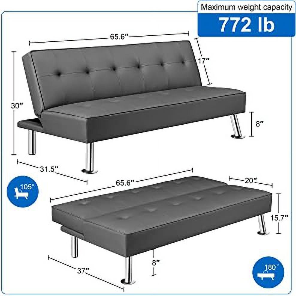 Black Faux Leather Convertible Futon Sleeper Bed T129863