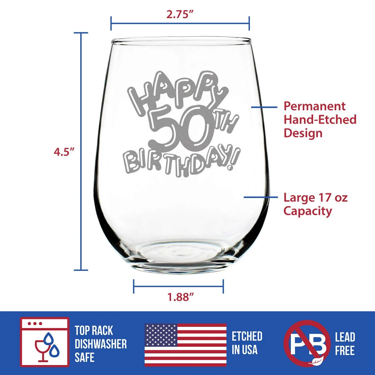 50Th Birthday Stemless Wine Glass 17 Oz L844103