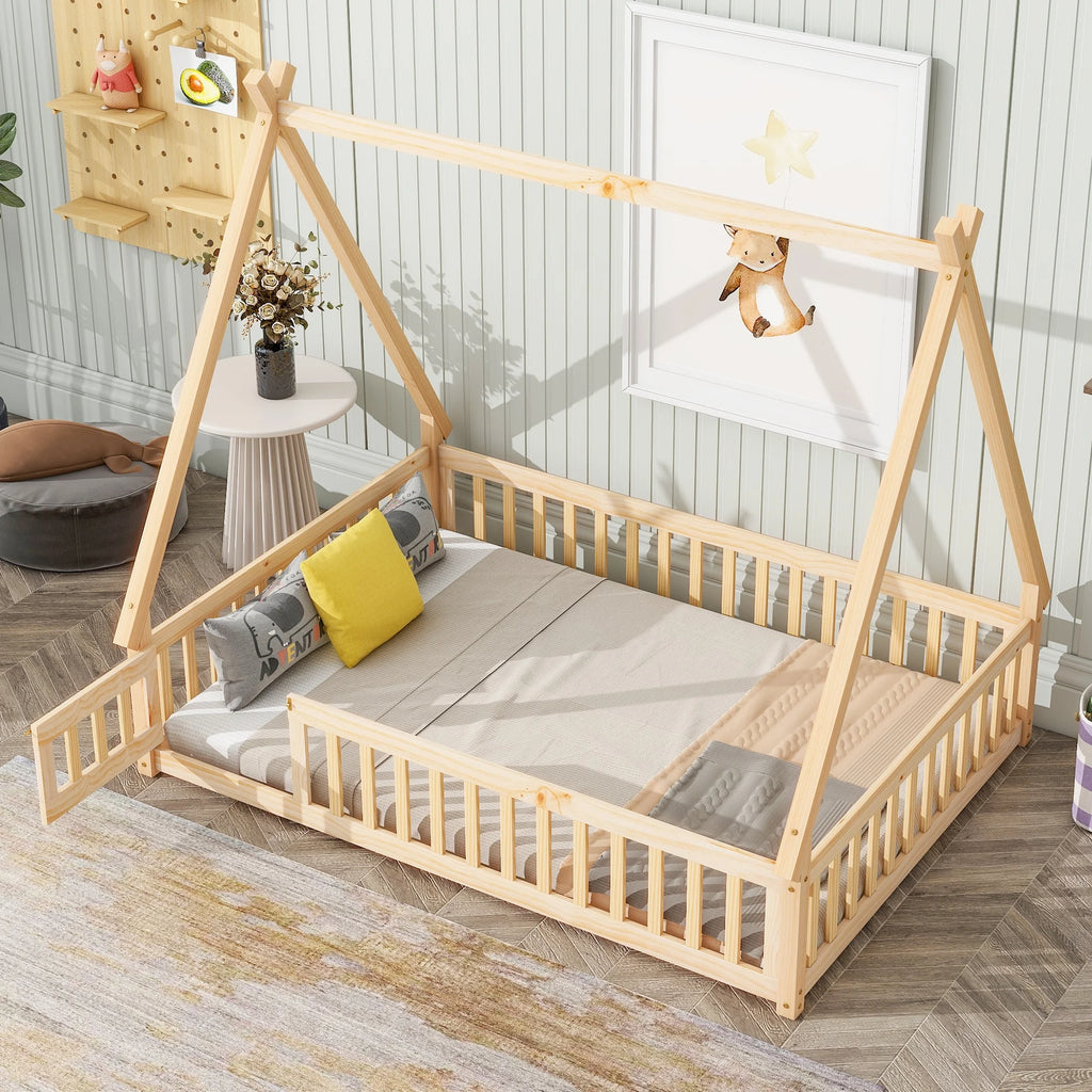 Tent-shaped Floor Bed with Guardrails and Slats T5004
