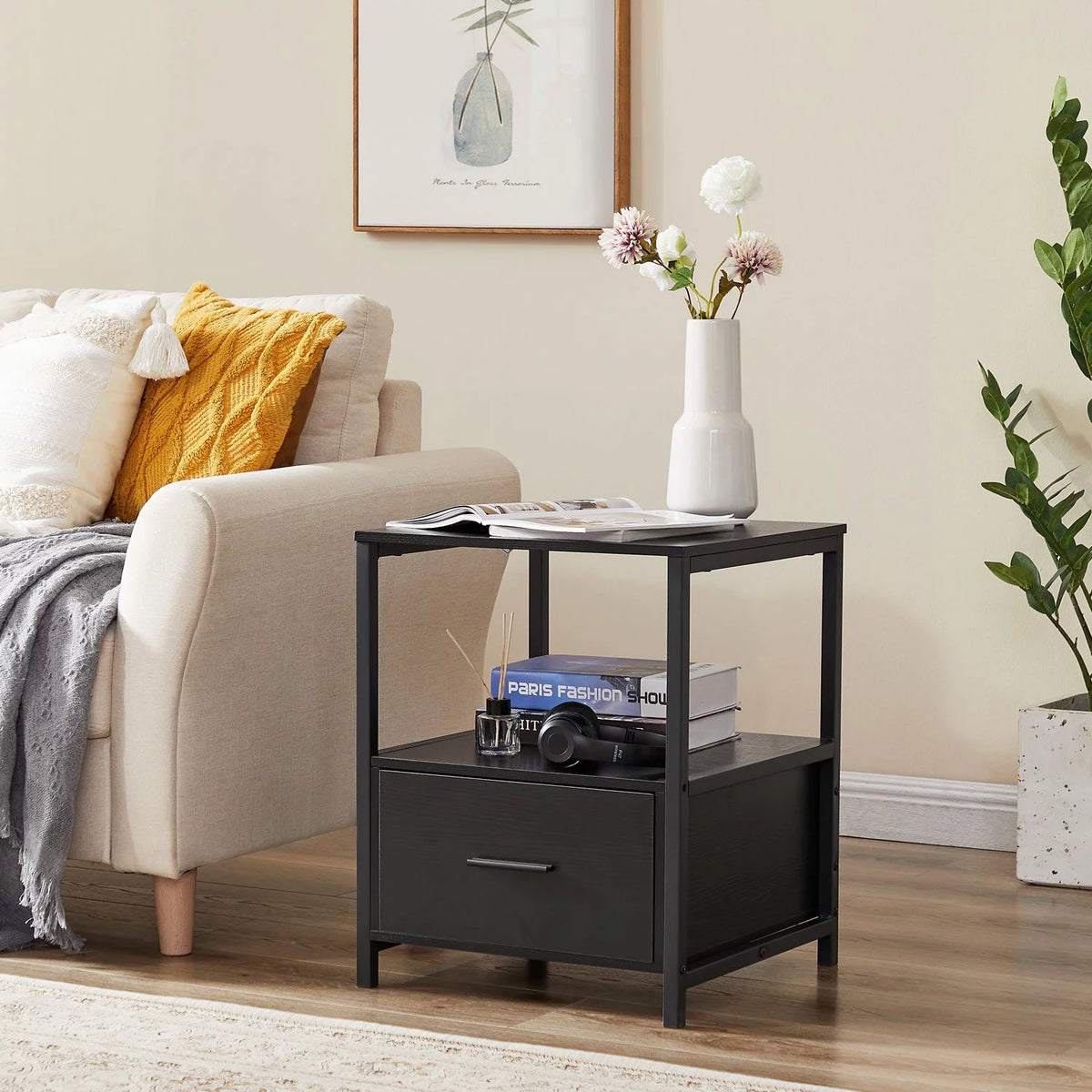 3-Piece Bedroom Set with Twin Bed Frame and 2 Black Nightstands O2775