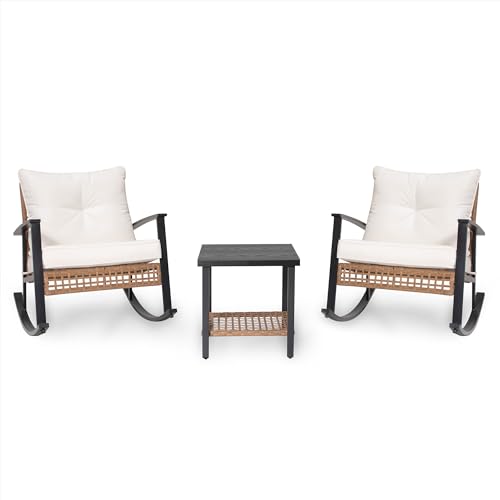 3-Piece Rocking Bistro Set with Thick Cushions and 2-Tier Coffee Table C49992