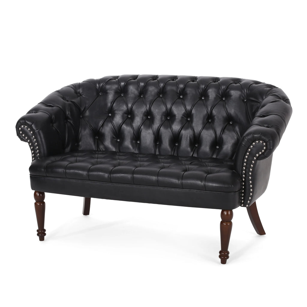 Midnight Black Leather Tufted Loveseat E217