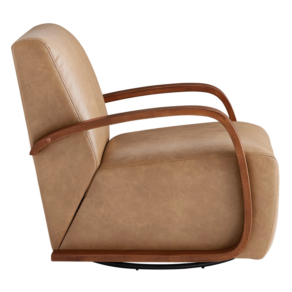 Cognac Brown & Walnut Swivel Accent Chair with U-shaped Wood Arm L198703