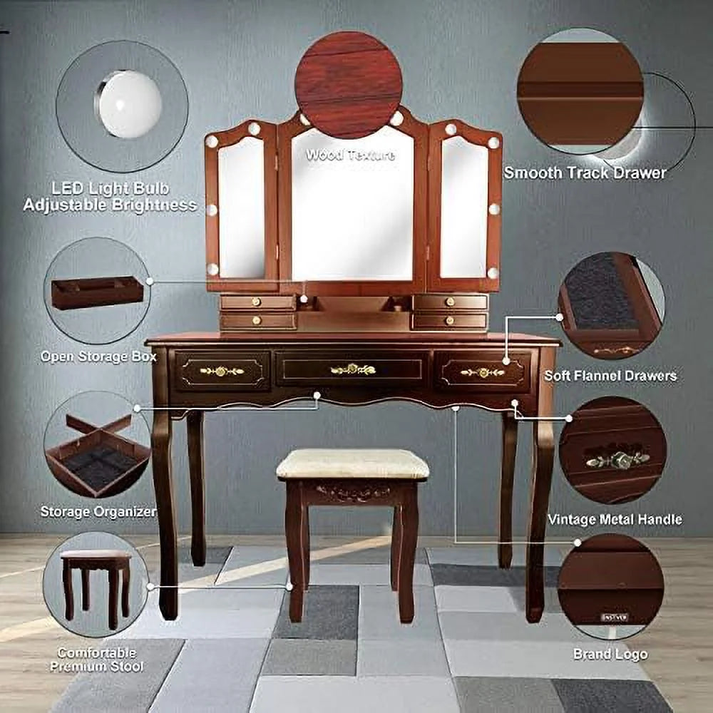 Brown 7 Drawer Vanity Set with Stool and Mirror Q128592