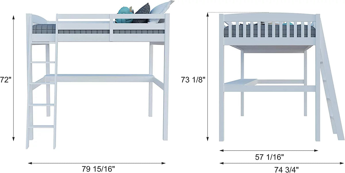 Solid Wood White Twin Size Loft Bed Frame with Desk & Stairs M25442
