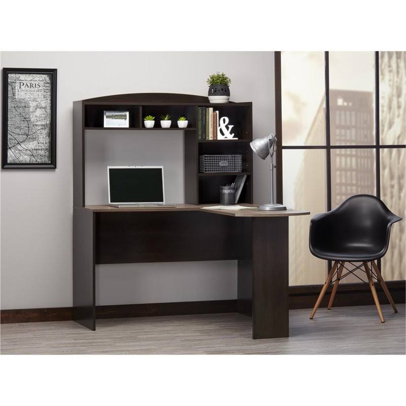 Espresso and Rustic Oak L Desk with Hutch V59362