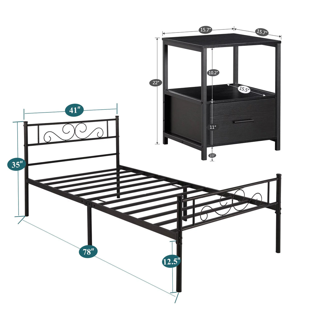 3-Piece Bedroom Set with Twin Bed Frame and 2 Black Nightstands O2775