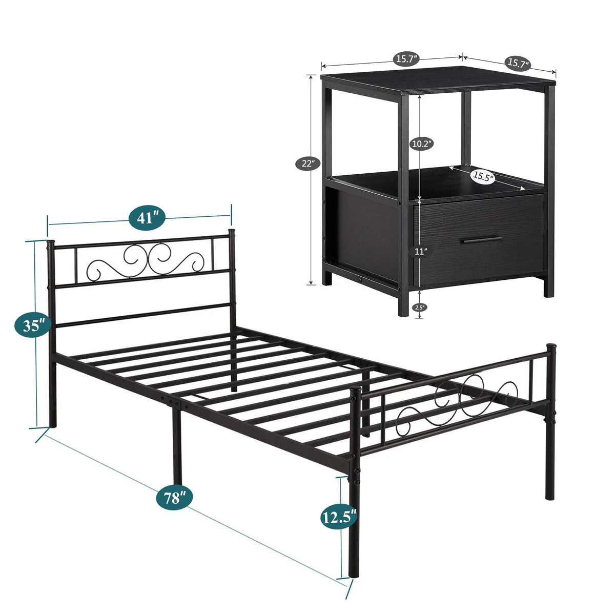 3-Piece Bedroom Set with Twin Bed Frame and 2 Black Nightstands O2775