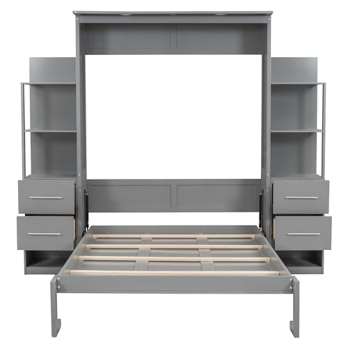 Queen Murphy Bed with LED Lights and Storage Drawers E98653