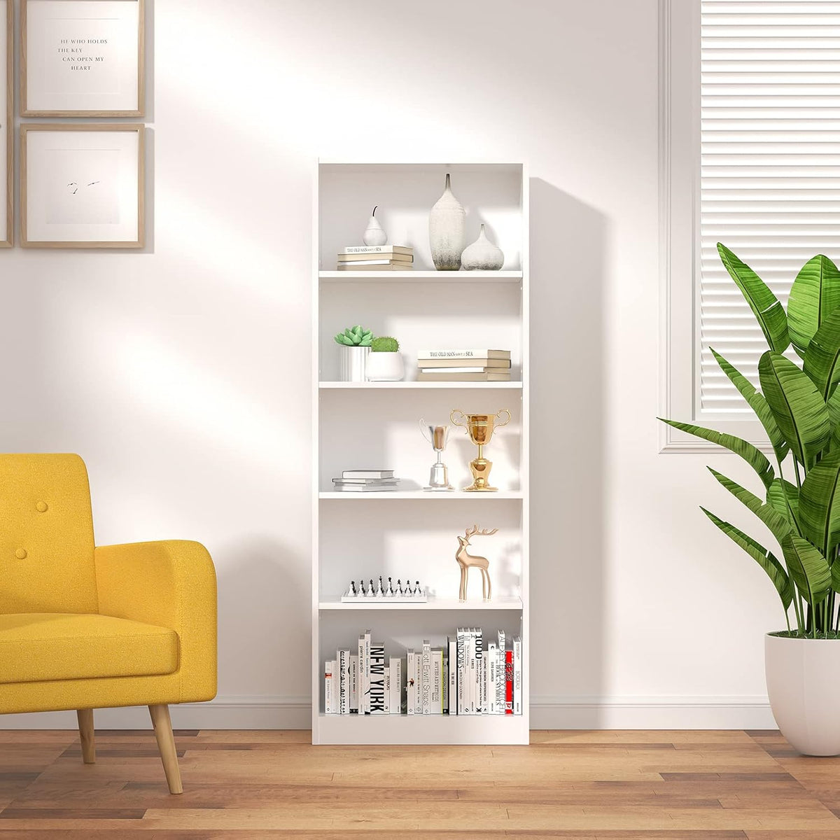 White 5 Tier Bookshelf with 3 Adjustable Shelves A780522