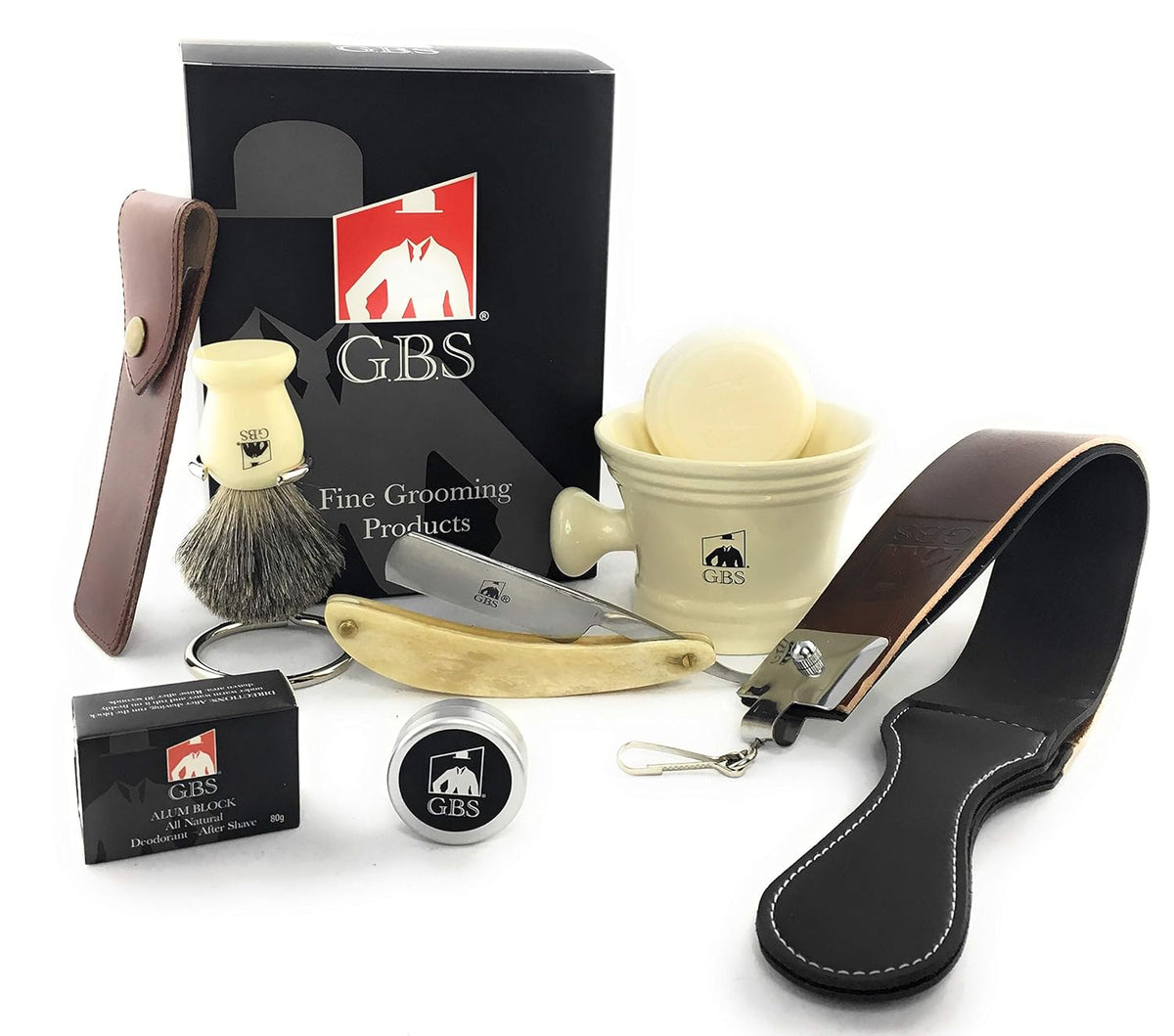 Straight Razor Shaving Set with Leather Case, Ceramic Mug, Brush, Alum, Soap & Strop Paste X67966