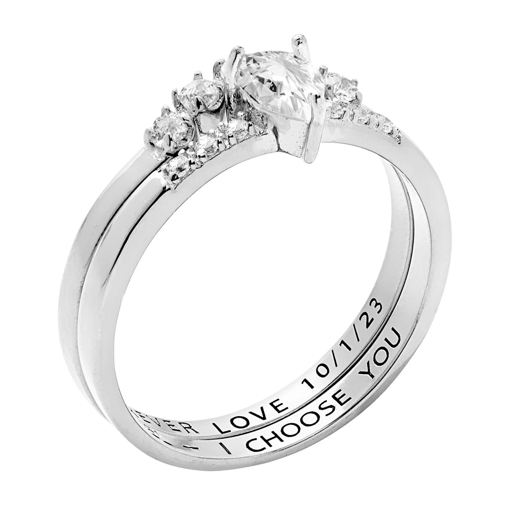 Pear White Topaz 2 Piece Engraved Wedding Set F647511