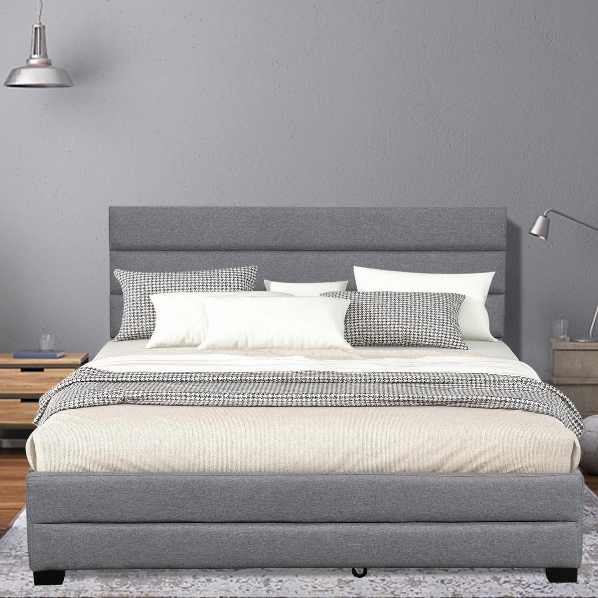 Queen Upholstered Platform Bed with Trundle and Two Drawers Grey H5316