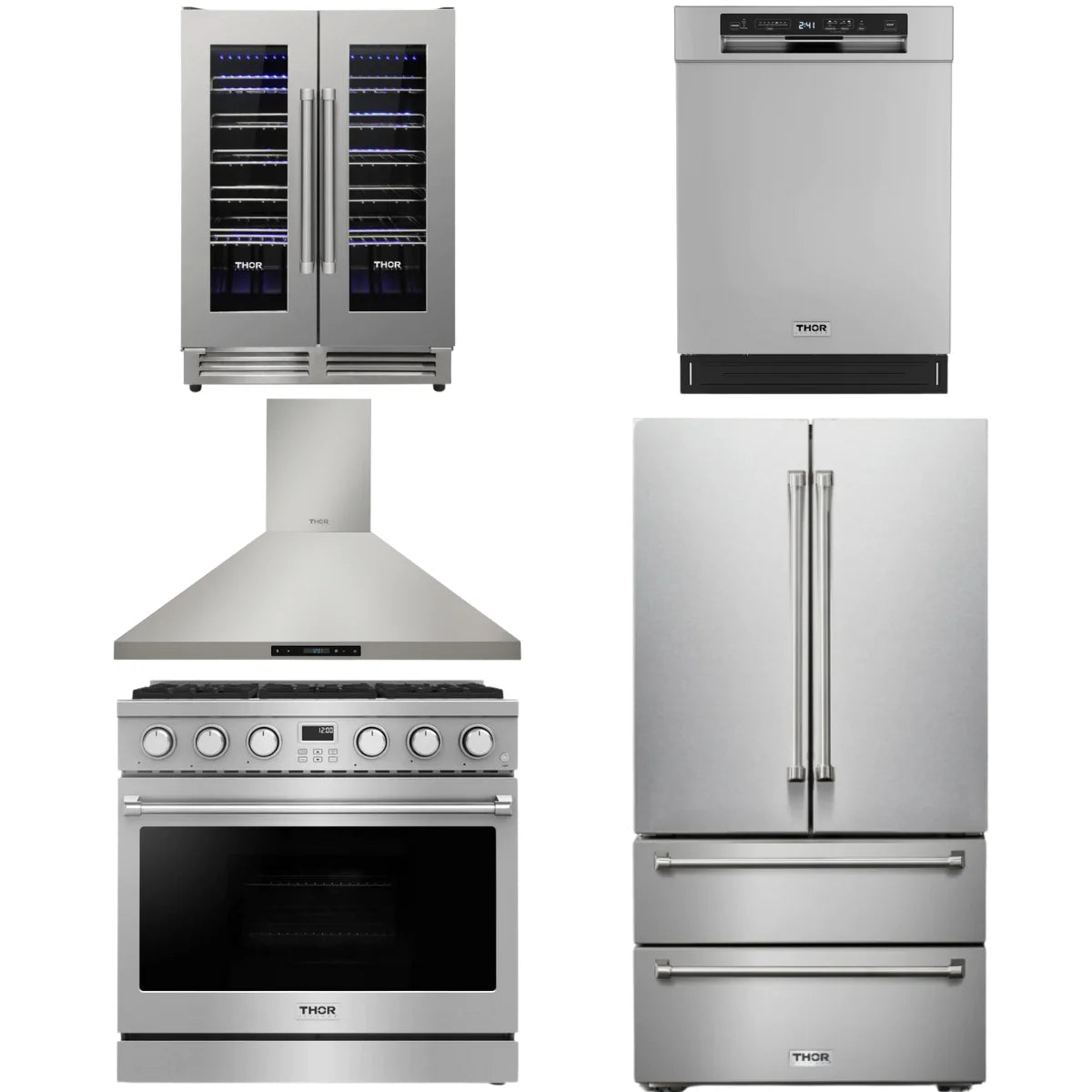 36 Gas Range, Range Hood, Refrigerator, Dishwasher and Wine Cooler T648