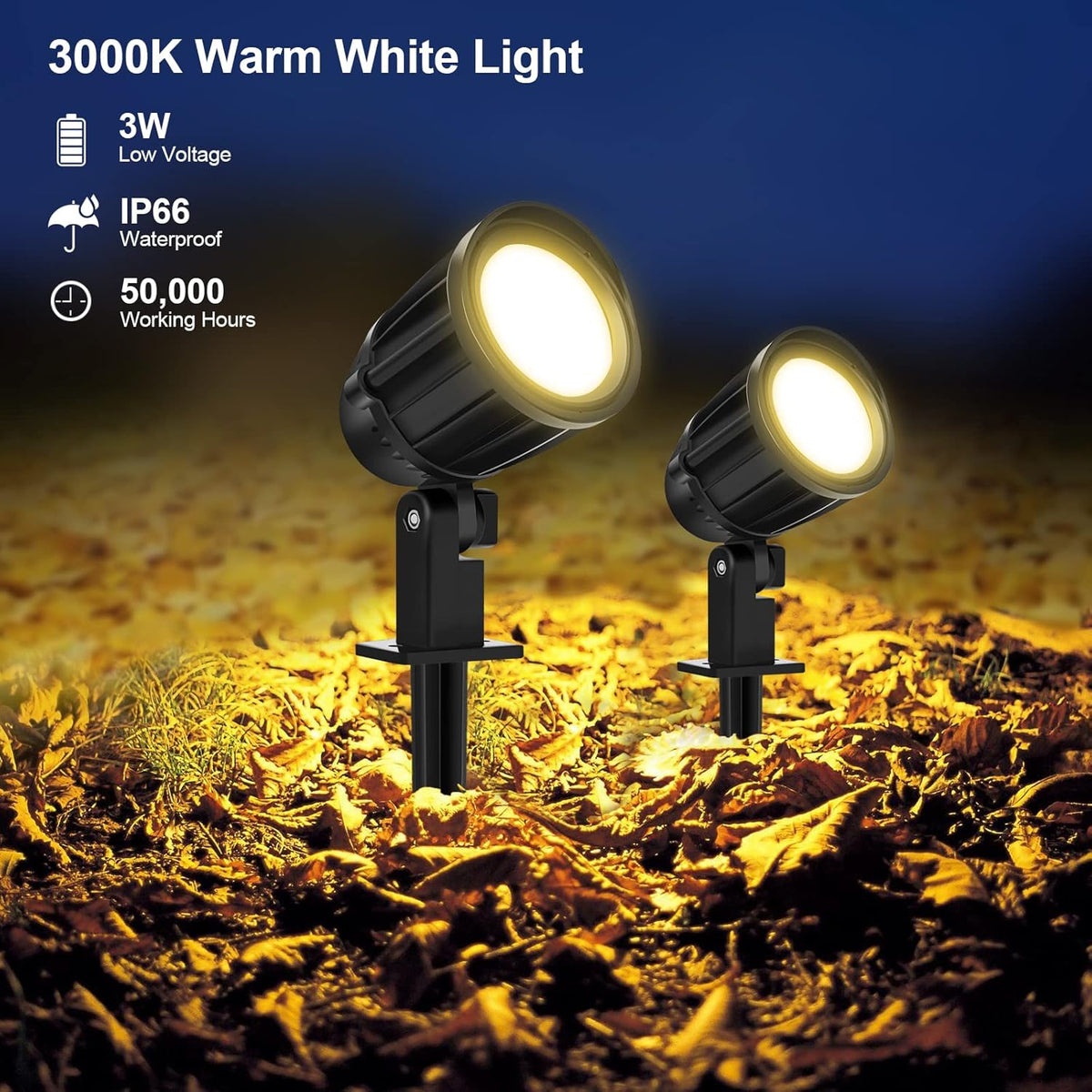 10 Pack LED Landscape Lights with Connectors, 12V 24V IP66 Waterproof Low Voltage 3000K Warm White Outdoor Spotlights with Spike Stand P2496