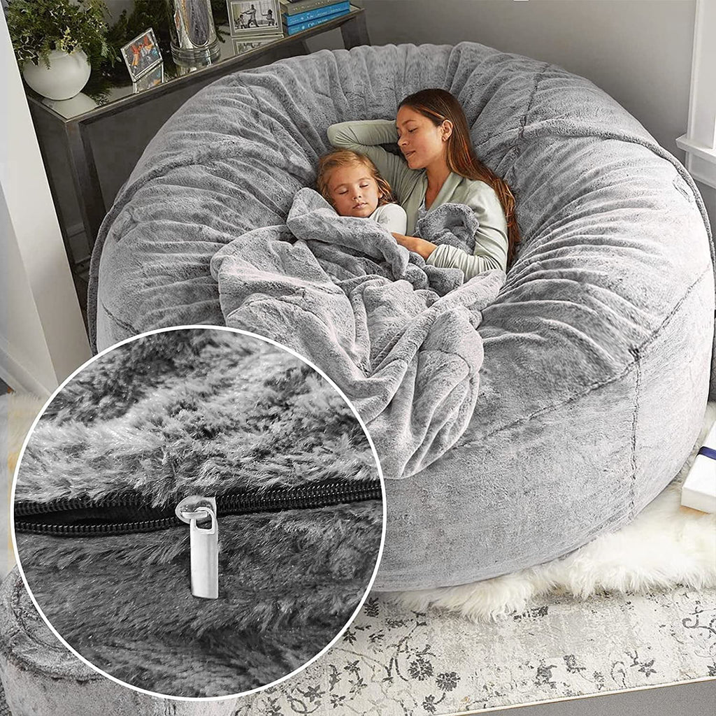 Round Soft Fluffy Velvet Bean Bag Chair Cover 6ft White/Gray W51082