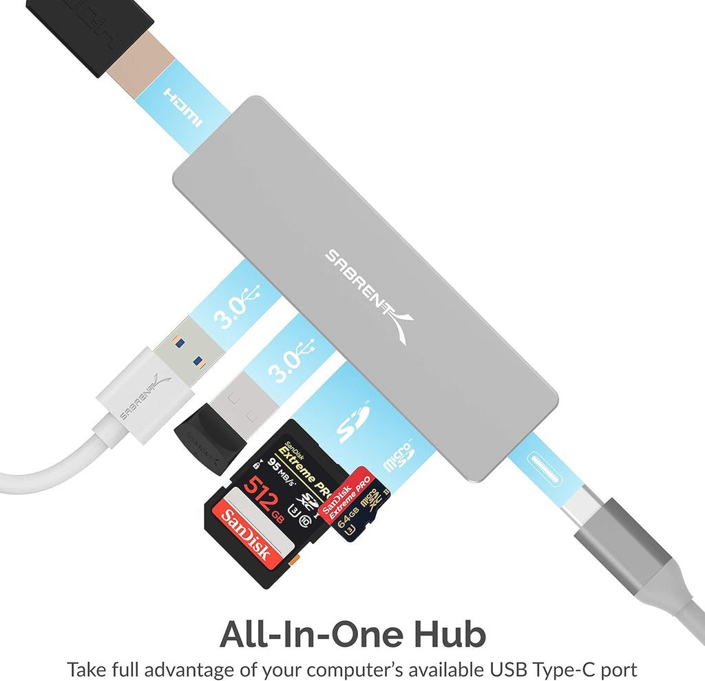 5 in 1 USB C Multi-Port HUB with SD & Micro SD Card-Reader, HDMI 2.0 Port, 2 x USB 3.0 Ports J660