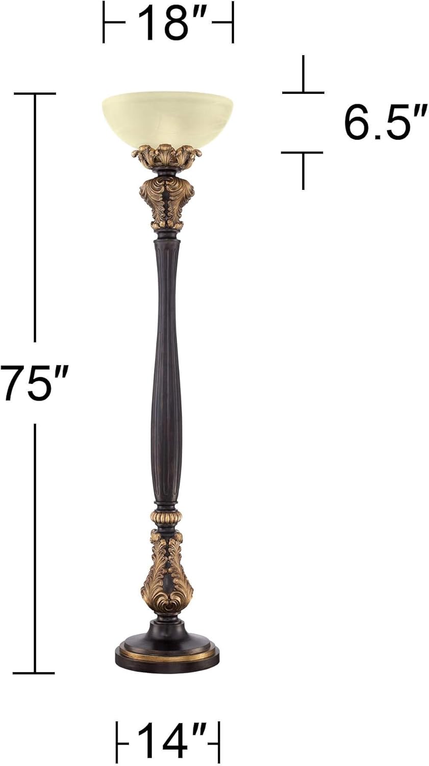 Tall Carved Wood Amber Glass Torchiere Floor Lamp K460