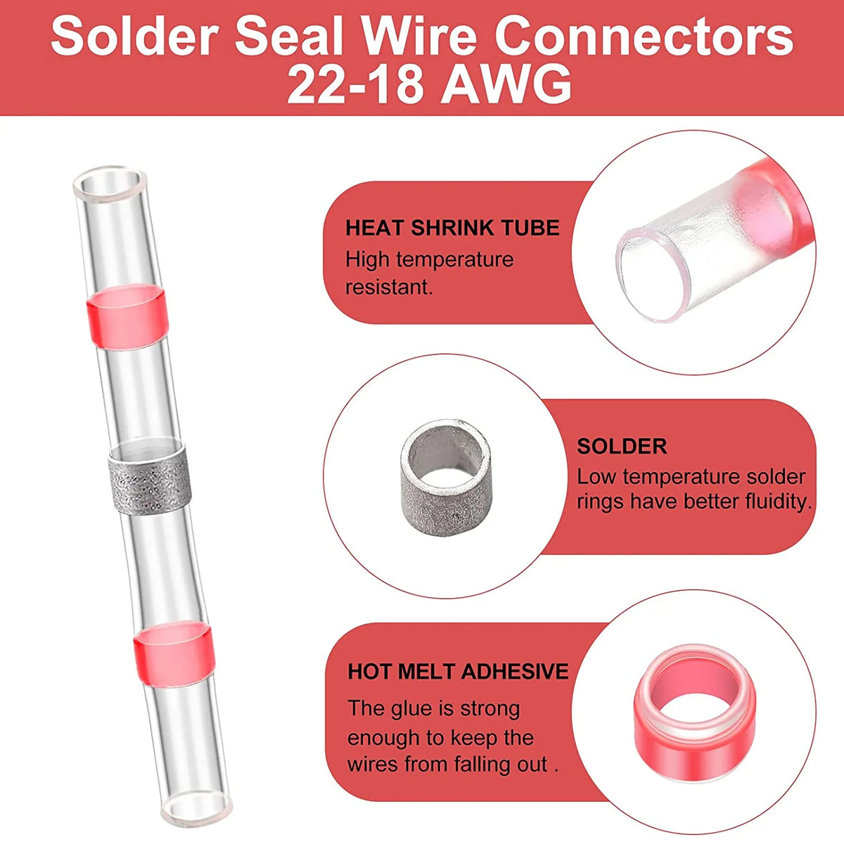 300 pc 22-18 AWG Red Waterproof Insulated Heat Shrink Butt Connectors O4183
