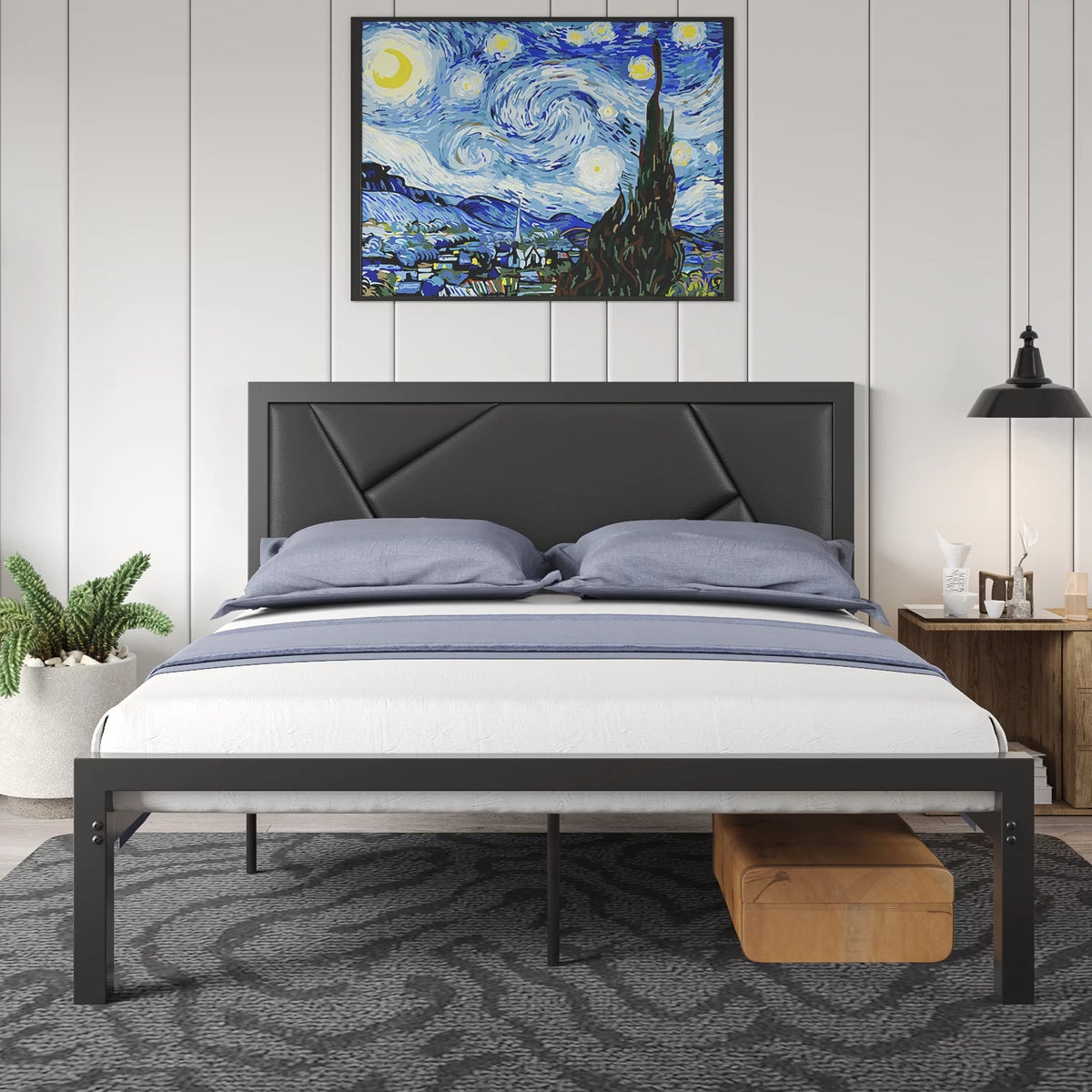 Queen Size Black Metal Bed Frame with Upholstered Headboard F4661