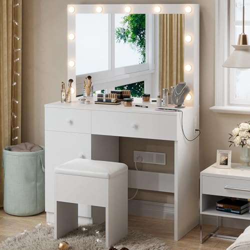 White Vanity Desk with Mirror and Lights A96543
