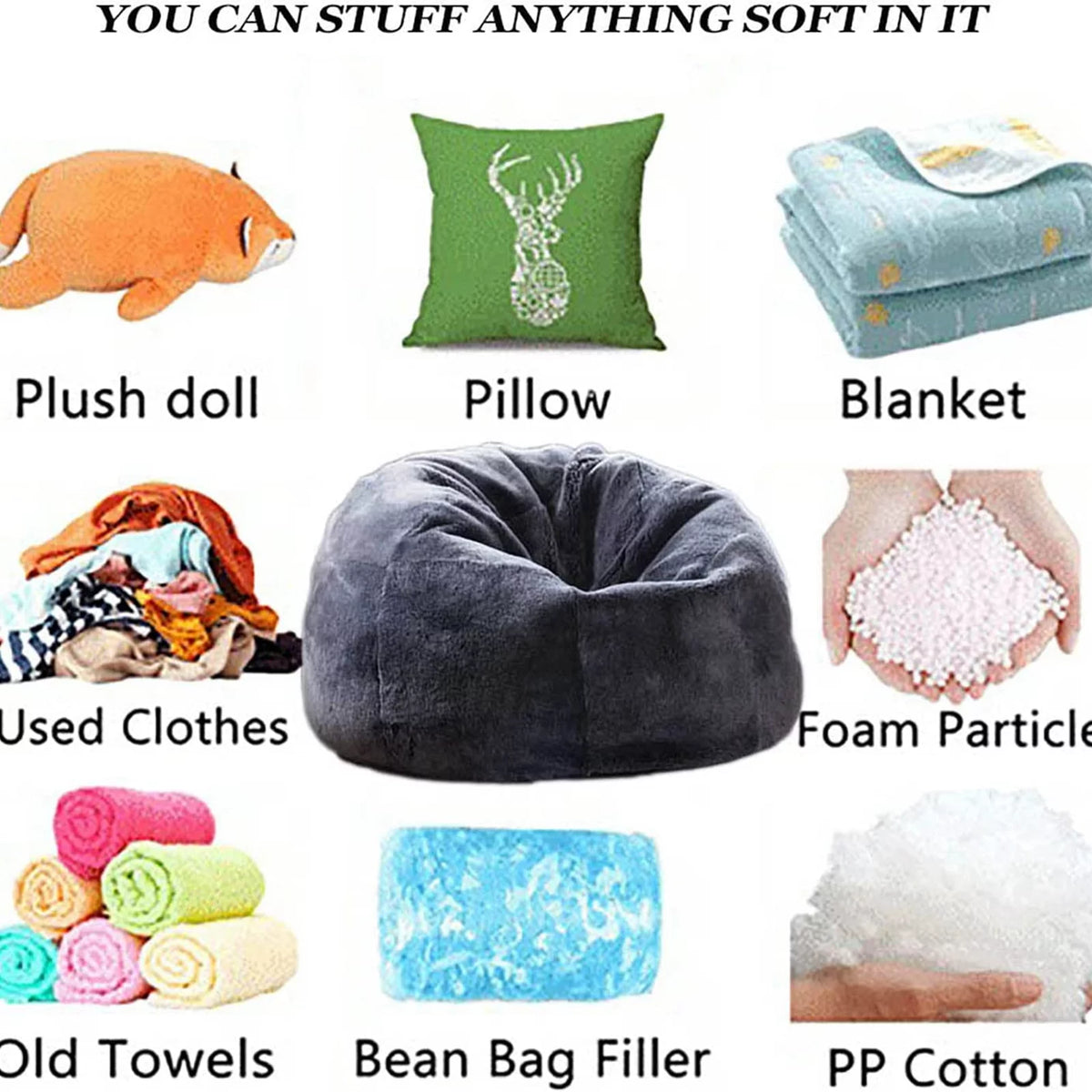 Round Soft Fluffy Velvet Bean Bag Chair Cover 6ft White/Gray W51082