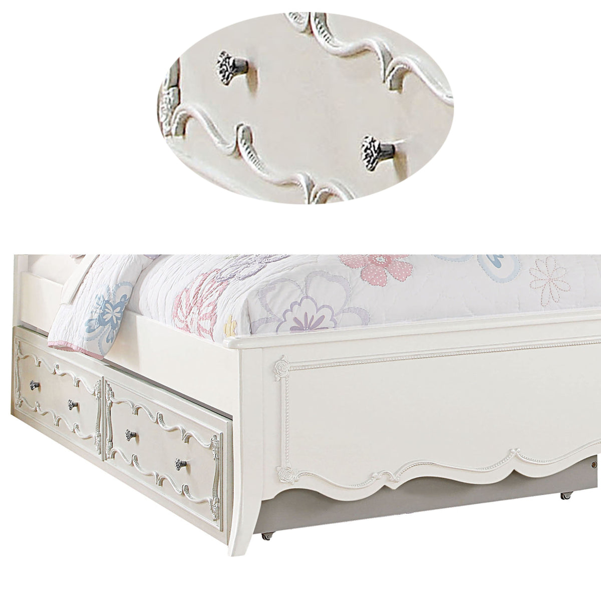 White Twin Size Wooden Trundle with Round Knobs and Caster Wheels F240