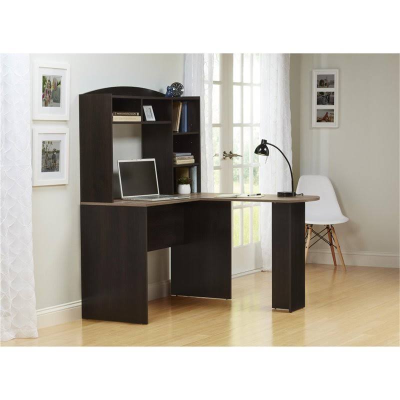 Espresso and Rustic Oak L Desk with Hutch V59362