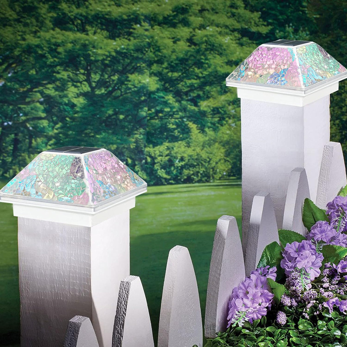 Mosaic Solar Post Cap Lights Outdoor Crackled Glass Weatherproof LED Cyan Blue W662024